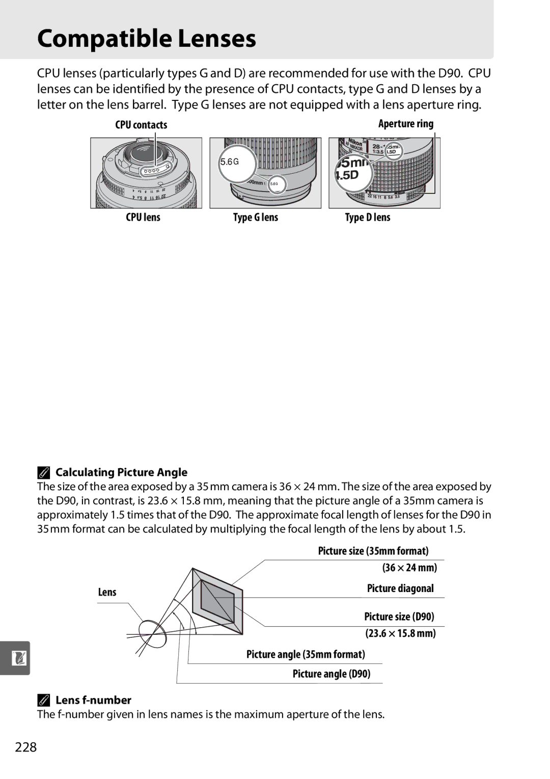 Nikon D90 user manual Compatible Lenses, 228, Calculating Picture Angle, Lens f-number 