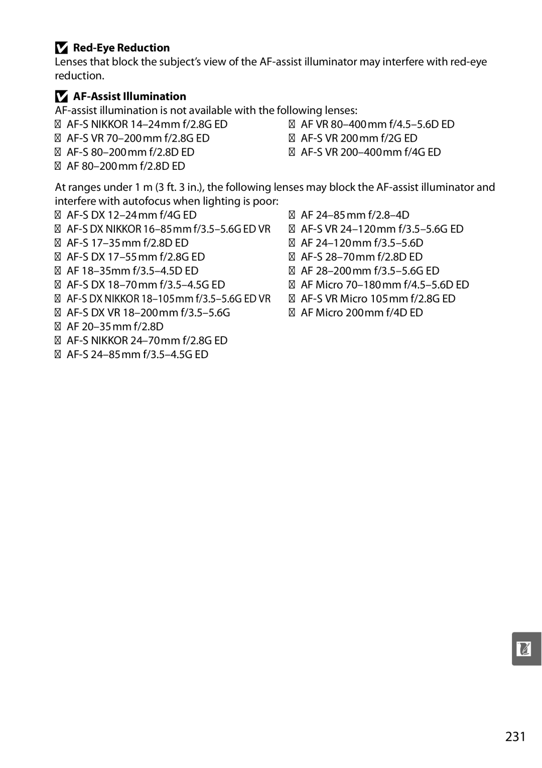 Nikon D90 user manual 231, Red-Eye Reduction, AF-Assist Illumination, AF-S DX 12-24mm f/4G ED AF 24-85mm f/2.8-4D 