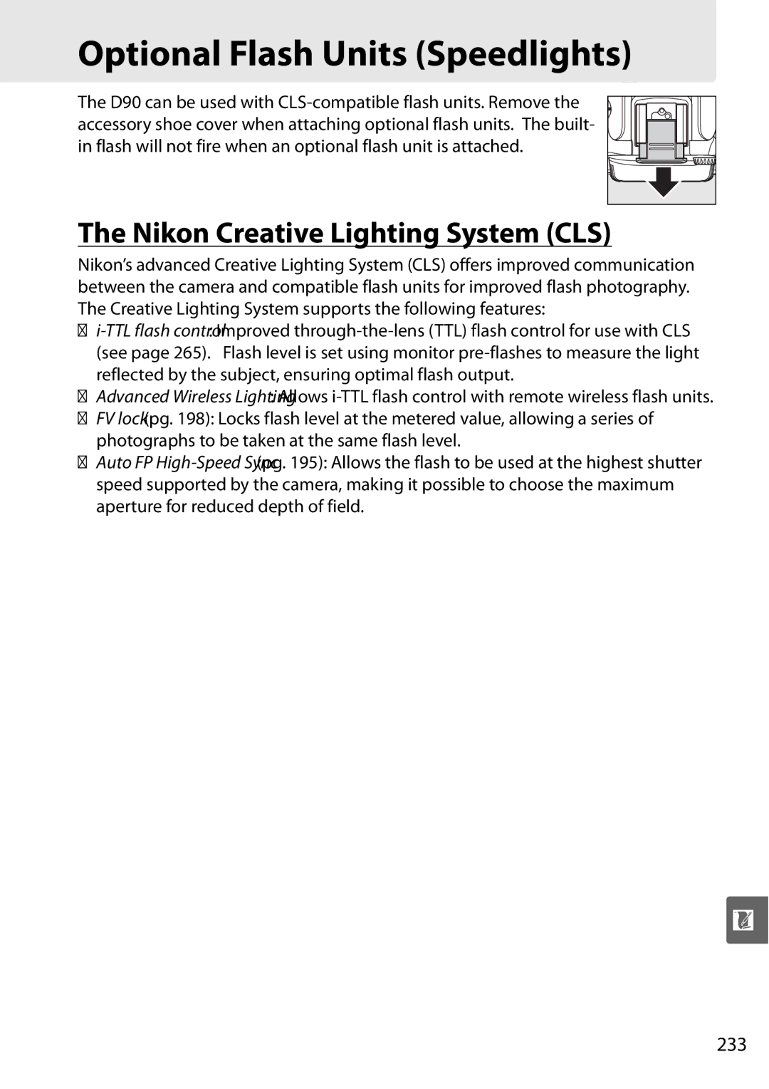 Nikon D90 user manual Optional Flash Units Speedlights, Nikon Creative Lighting System CLS, 233 