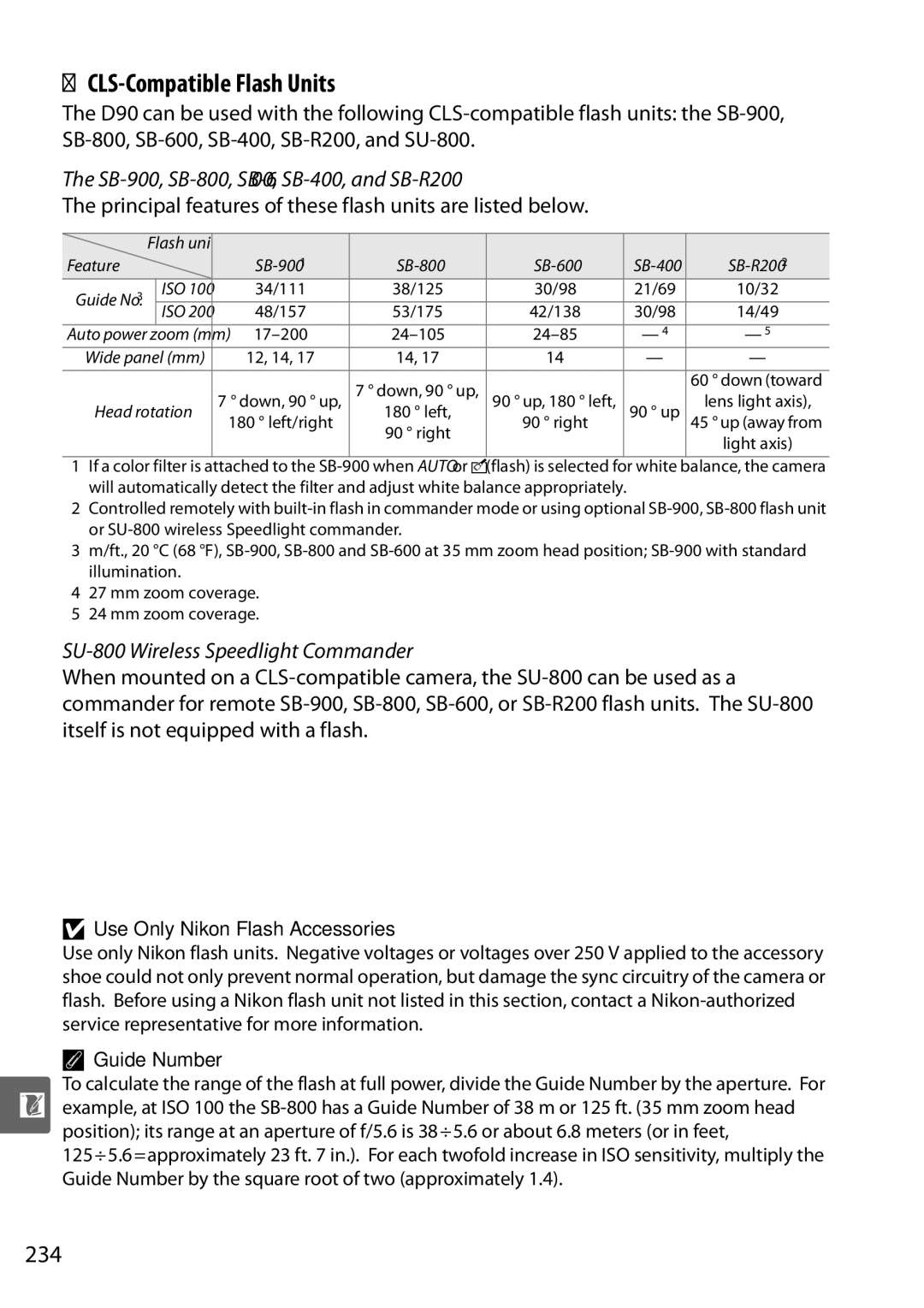 Nikon D90 CLS-Compatible Flash Units, 234, Principal features of these flash units are listed below, Guide Number 