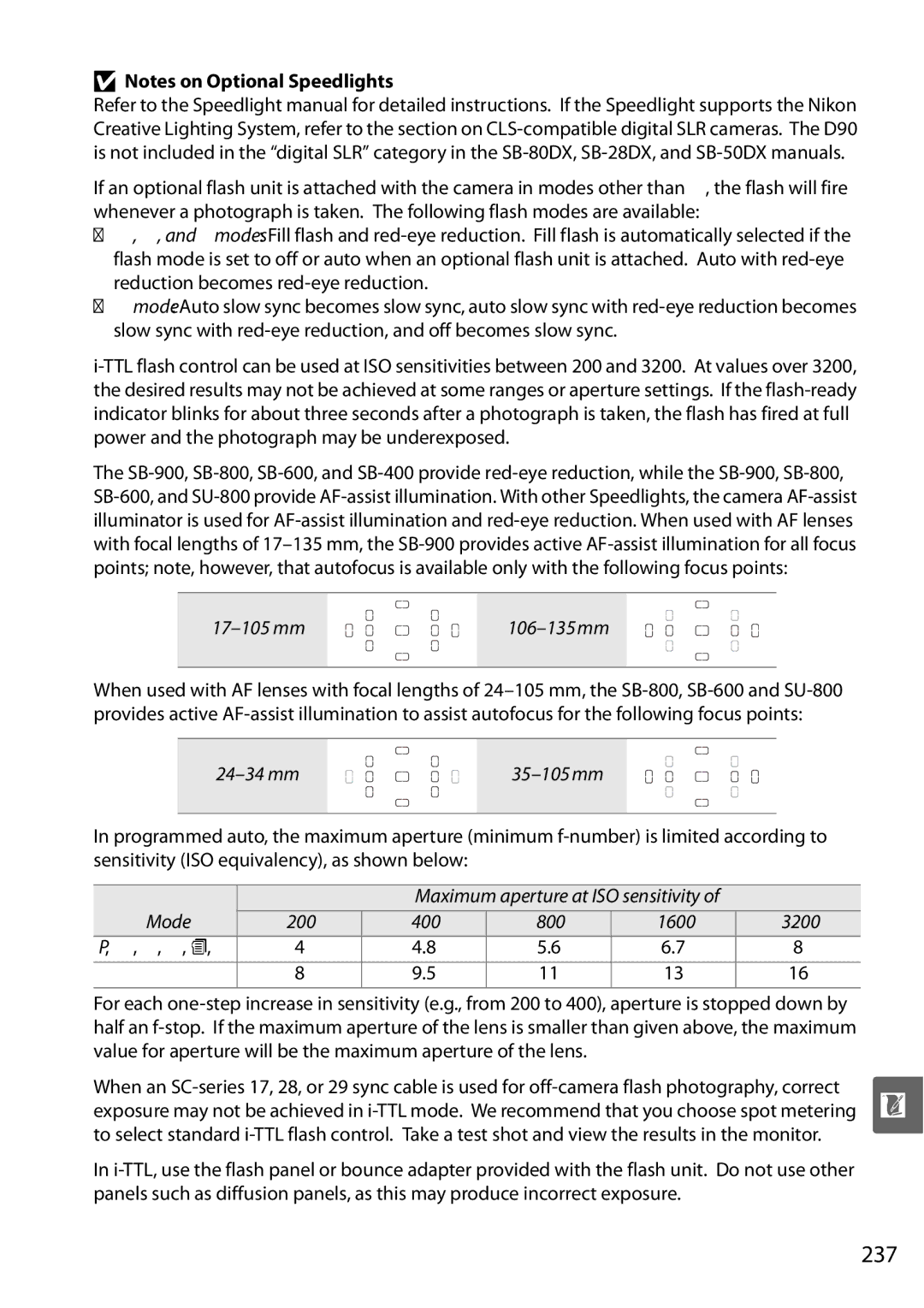 Nikon D90 user manual 237, 17-105 mm, 24-34 mm, 400 