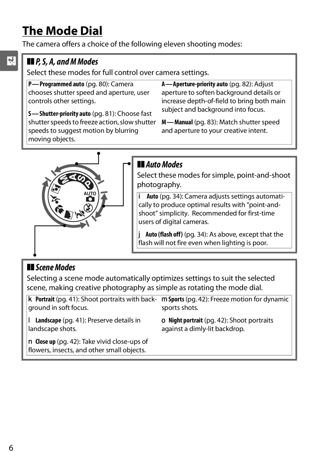 Nikon D90 Mode Dial, A, and M Modes, Auto Modes, Scene Modes, Select these modes for full control over camera settings 