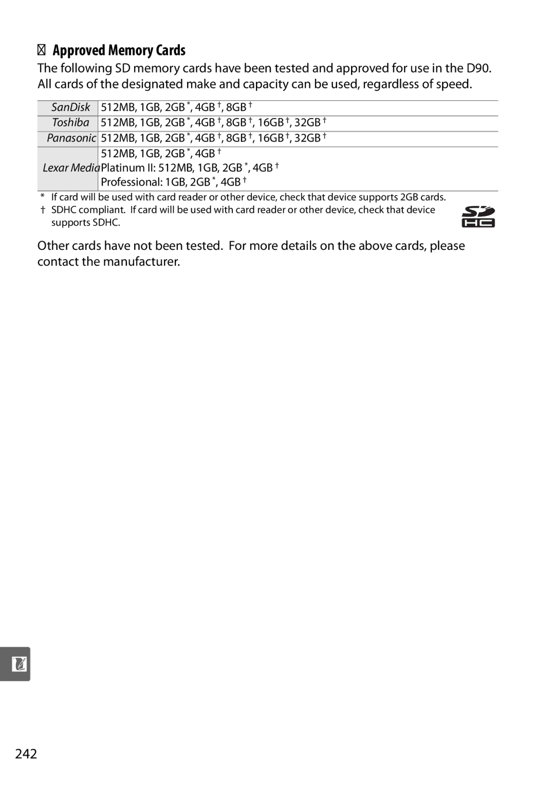 Nikon D90 user manual Approved Memory Cards, 242, SanDisk 