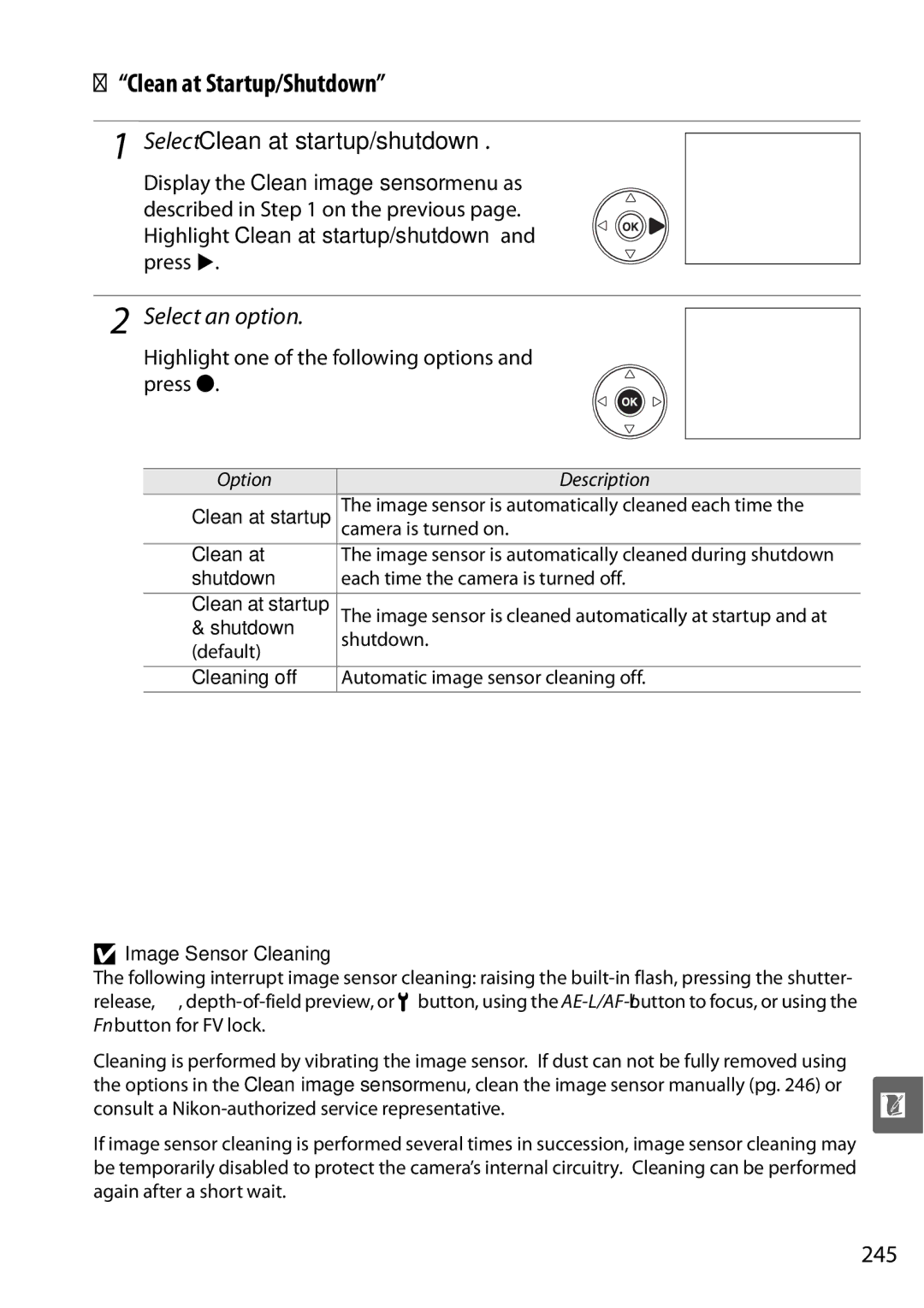 Nikon D90 user manual Clean at Startup/Shutdown, Select Clean at startup/shutdown, Select an option, 245 