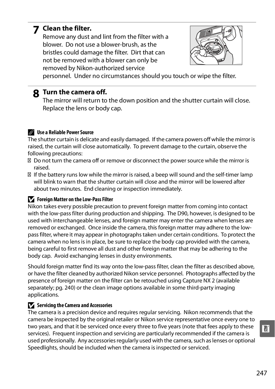 Nikon D90 user manual 247, Use a Reliable Power Source, Foreign Matter on the Low-Pass Filter 