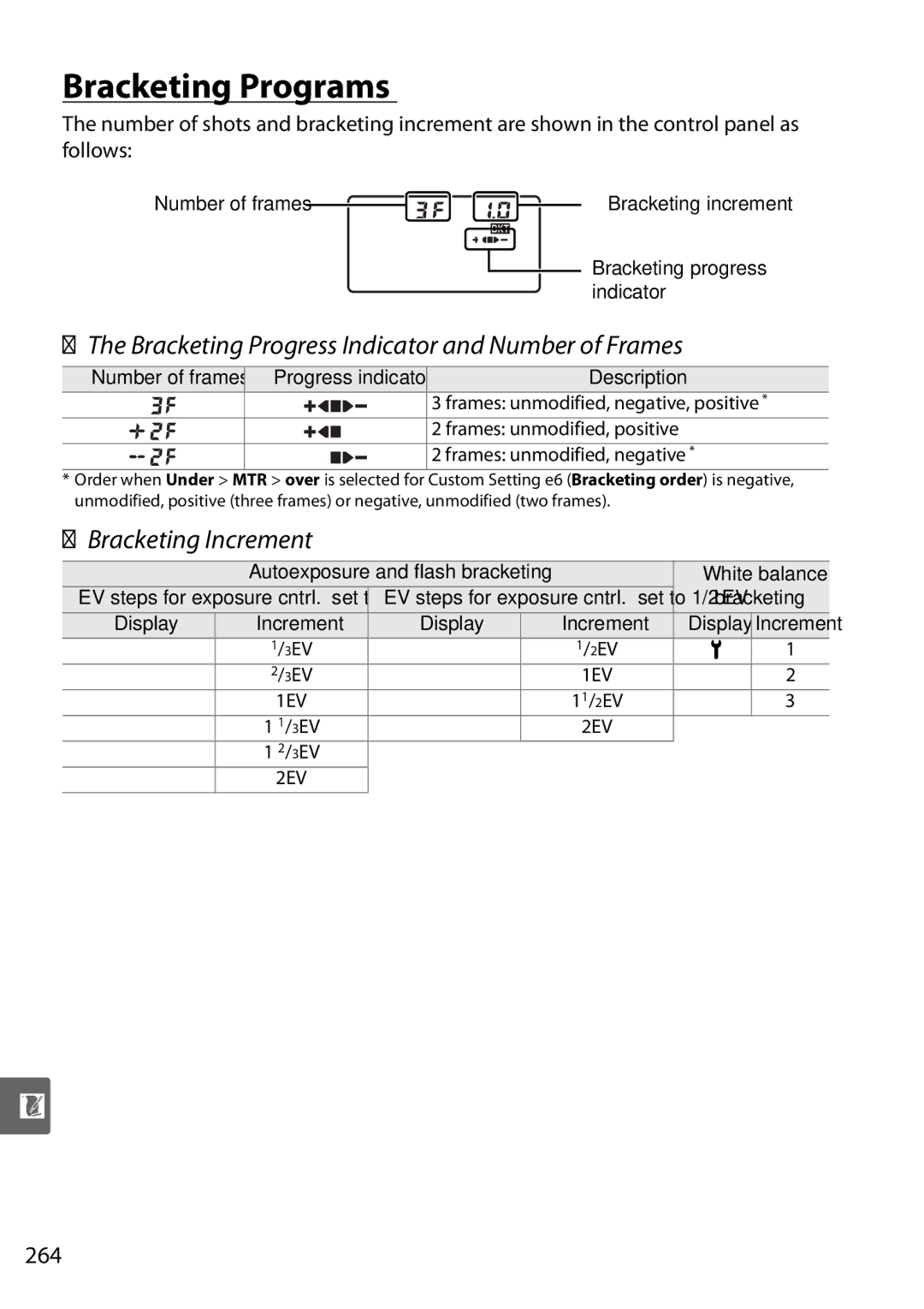 Nikon D90 user manual Bracketing Programs, Bracketing Progress Indicator and Number of Frames, Bracketing Increment, 264 