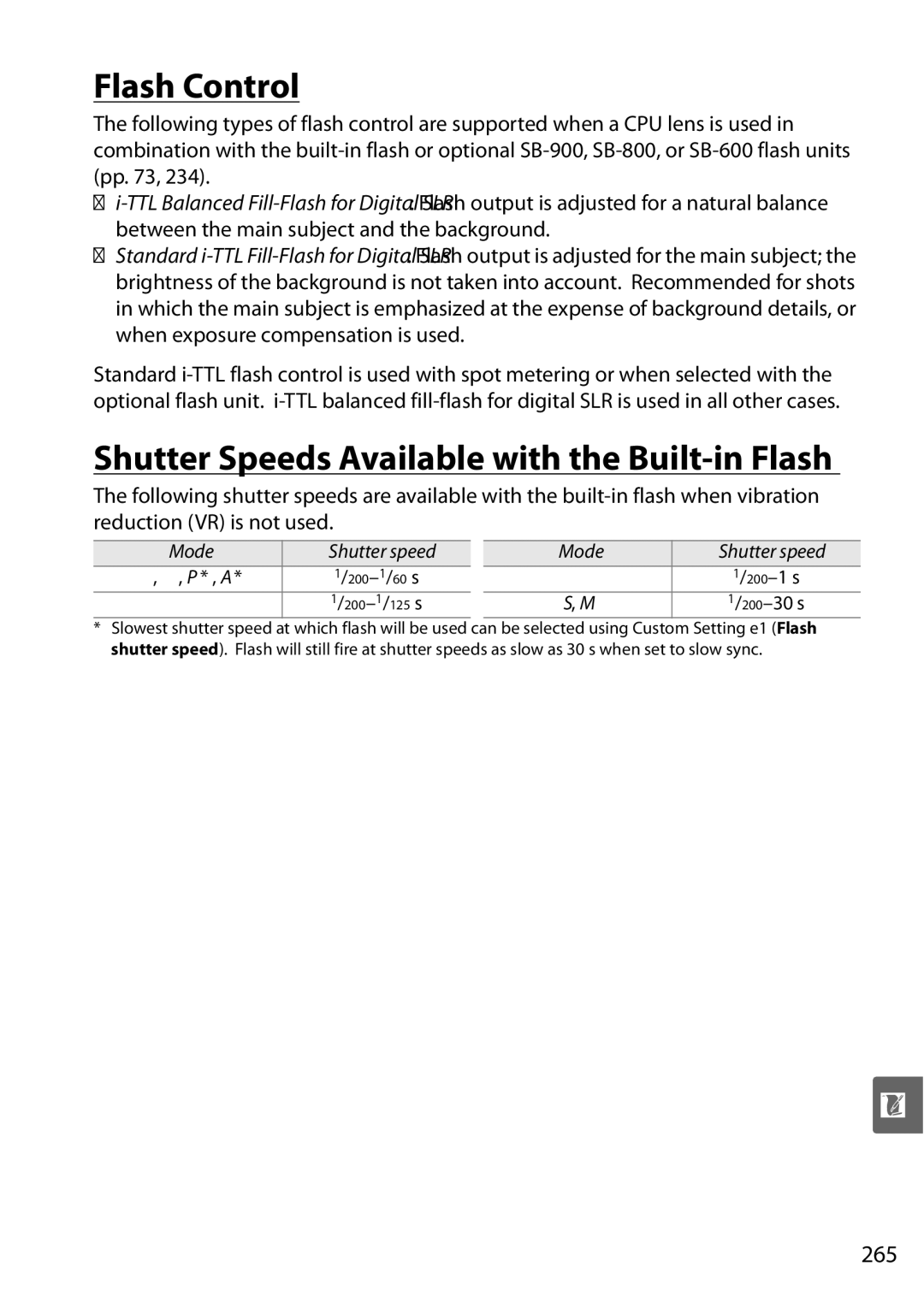 Nikon D90 user manual Flash Control, Shutter Speeds Available with the Built-in Flash, 265, Mode Shutter speed, P * , a 