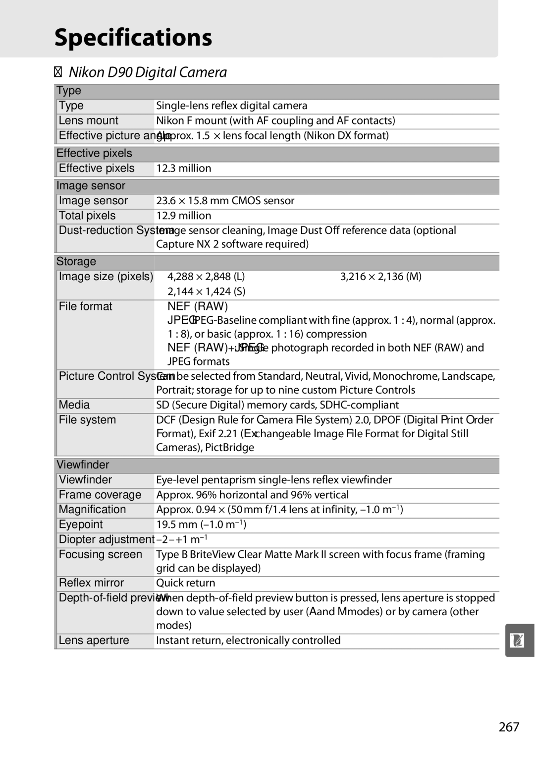 Nikon user manual Specifications, Nikon D90 Digital Camera, 267 