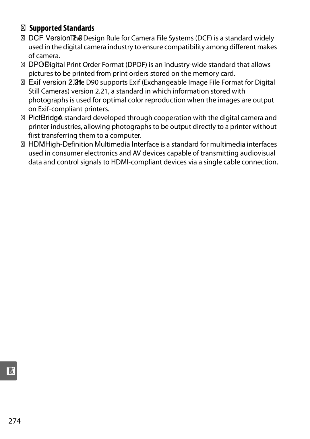 Nikon D90 user manual Supported Standards, 274 