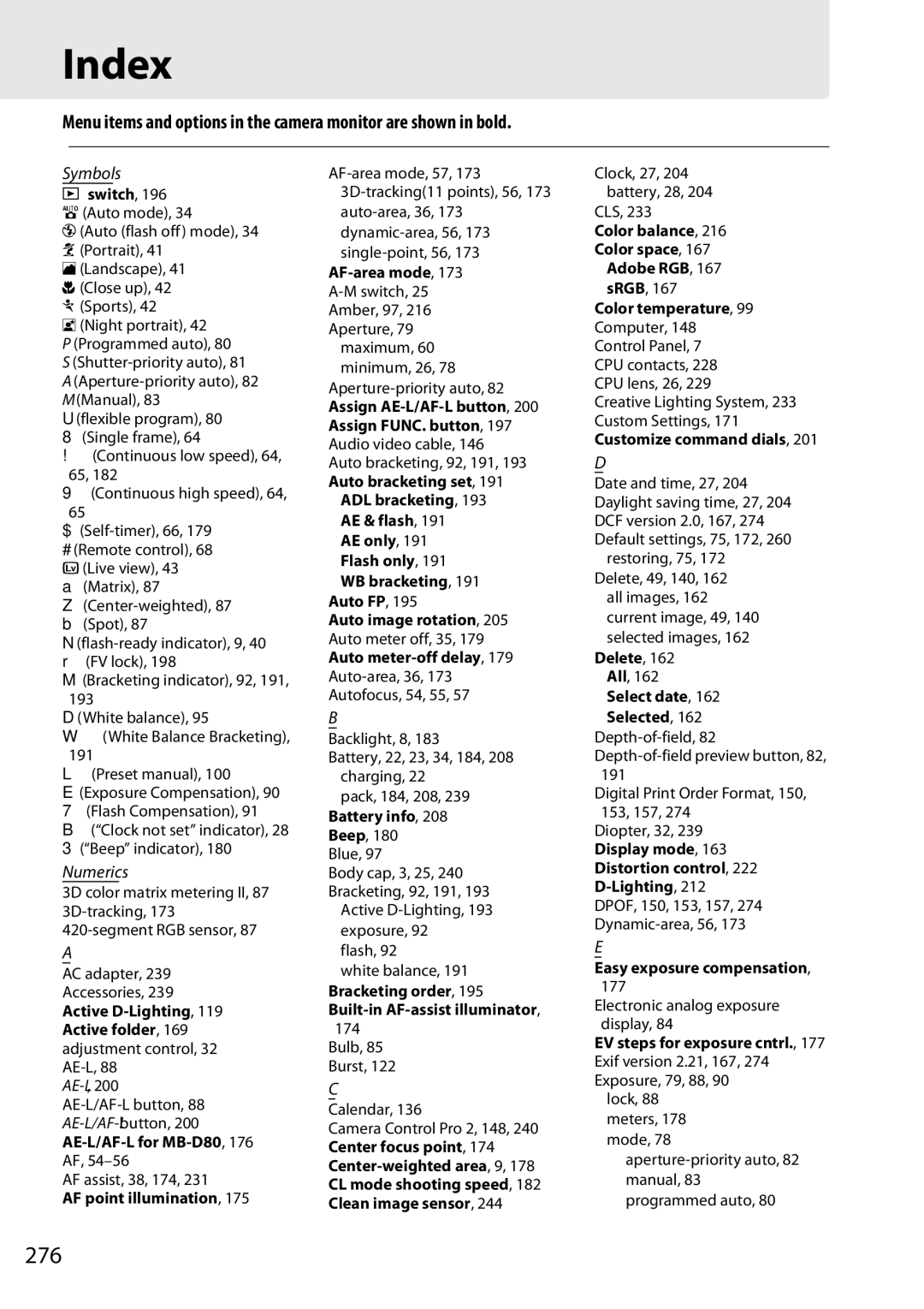 Nikon D90 user manual Index, 276 