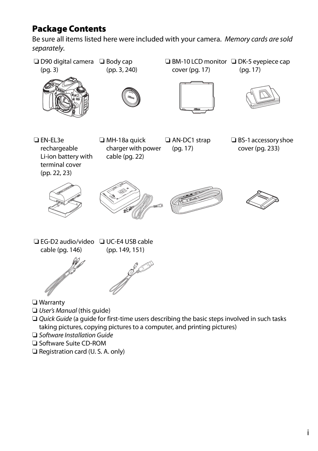 Nikon D90 user manual Package Contents 