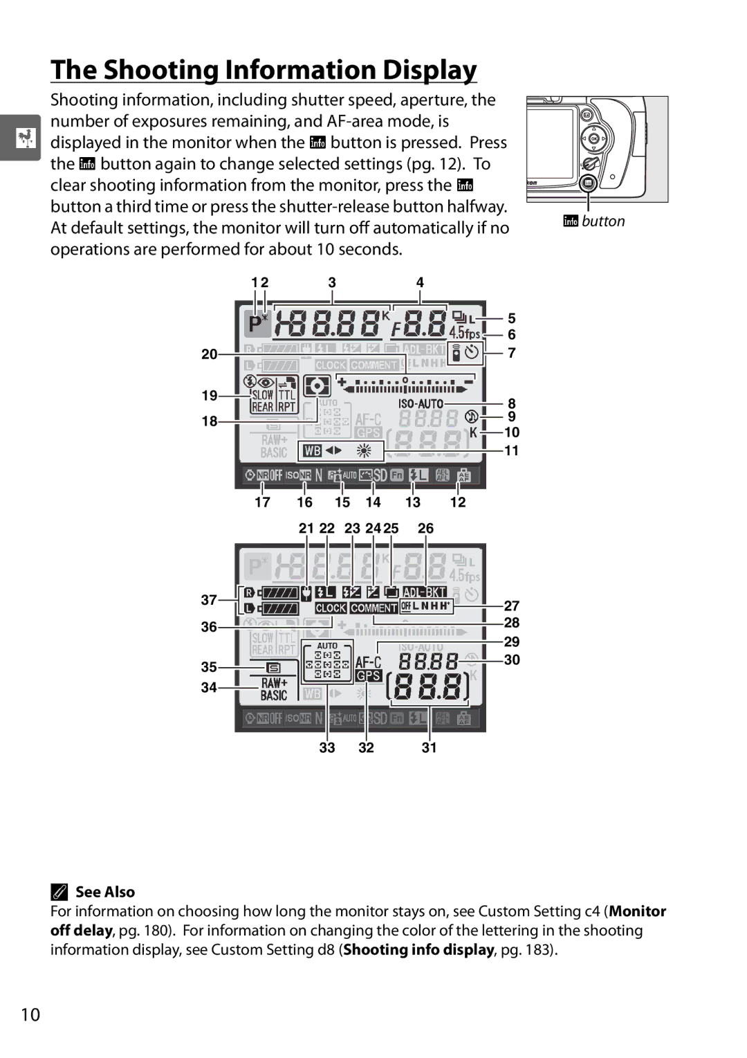 Nikon D90 user manual Shooting Information Display, Operations are performed for about 10 seconds, See Also 