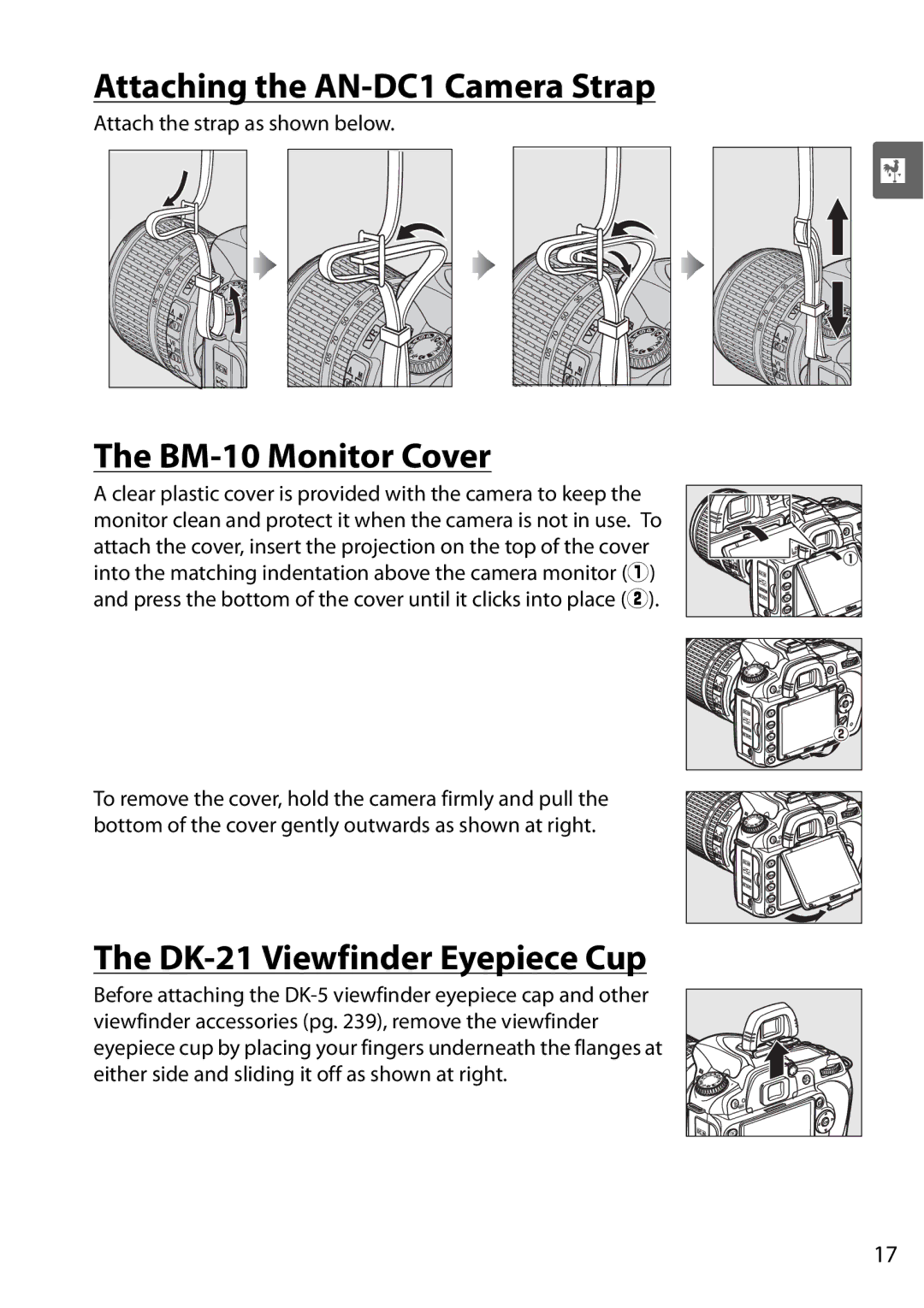 Nikon D90 user manual Attaching the AN-DC1 Camera Strap, BM-10 Monitor Cover, DK-21 Viewfinder Eyepiece Cup 