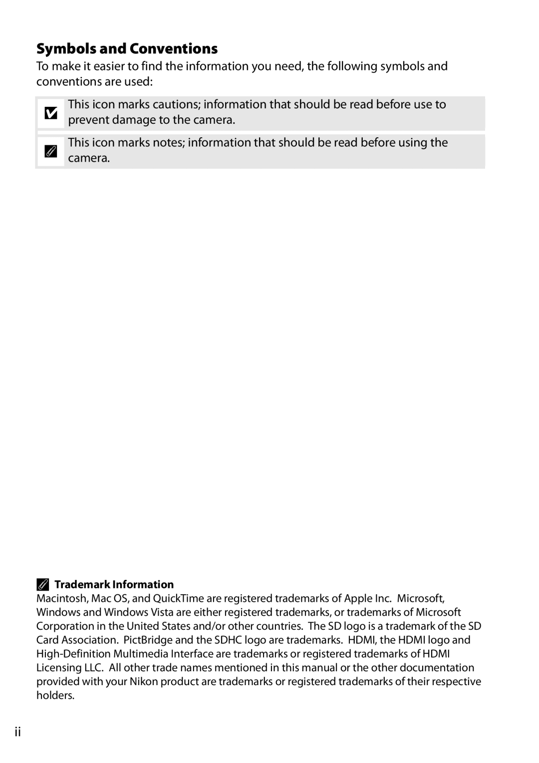 Nikon D90 user manual Symbols and Conventions, Trademark Information 