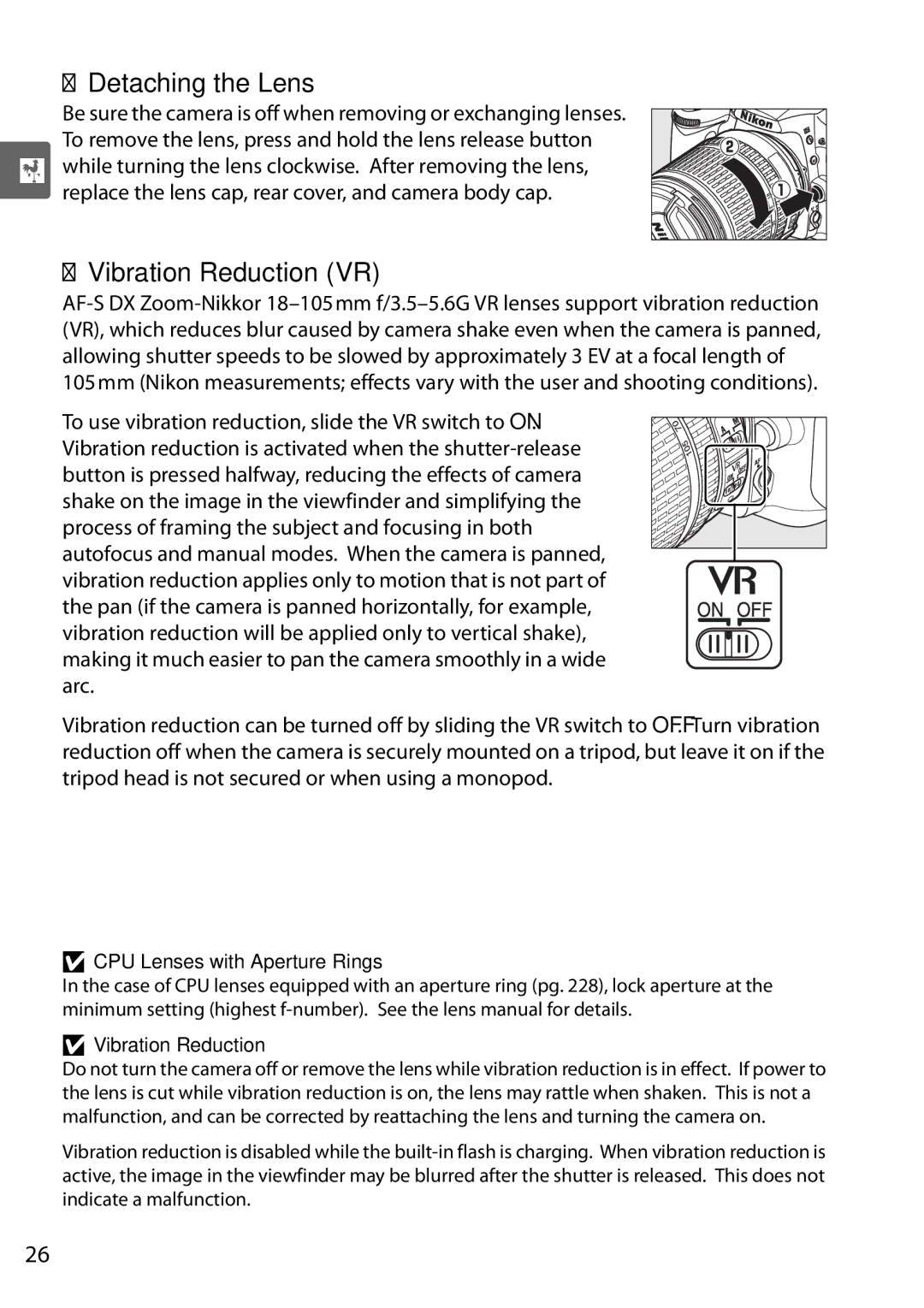 Nikon D90 user manual Detaching the Lens, Vibration Reduction VR, CPU Lenses with Aperture Rings 