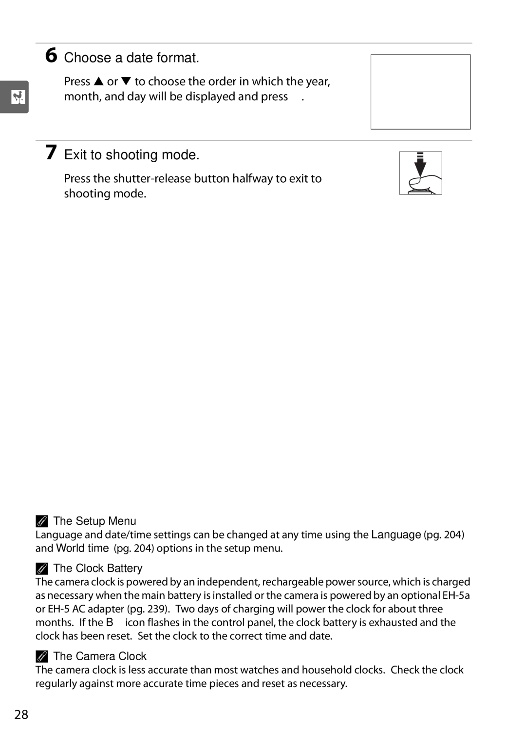 Nikon D90 user manual Choose a date format, Exit to shooting mode, Setup Menu, Clock Battery, Camera Clock 