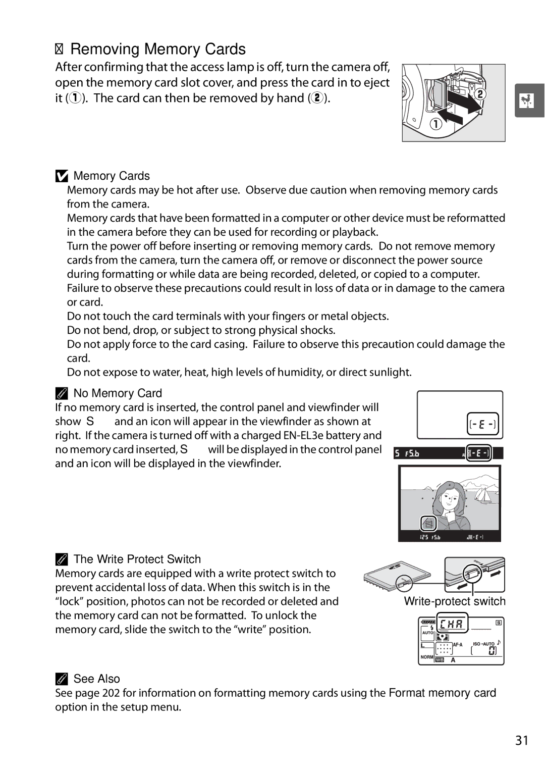 Nikon D90 user manual Removing Memory Cards, No Memory Card, Write Protect Switch 