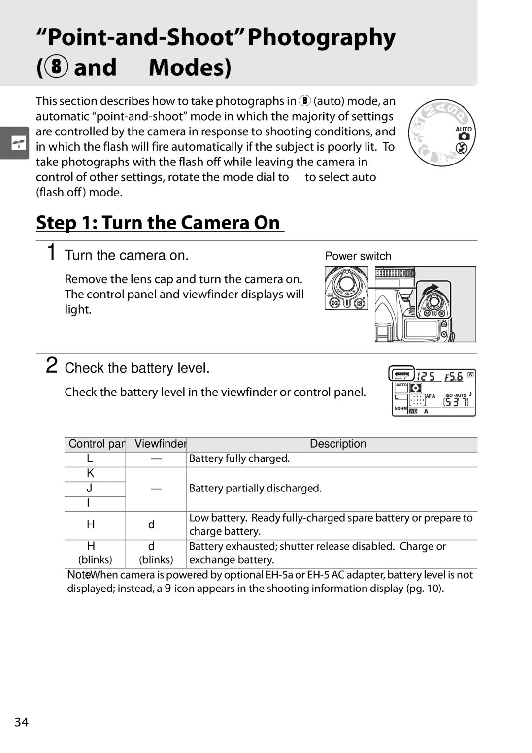 Nikon D90 user manual Turn the Camera On, Check the battery level in the viewfinder or control panel, Description 