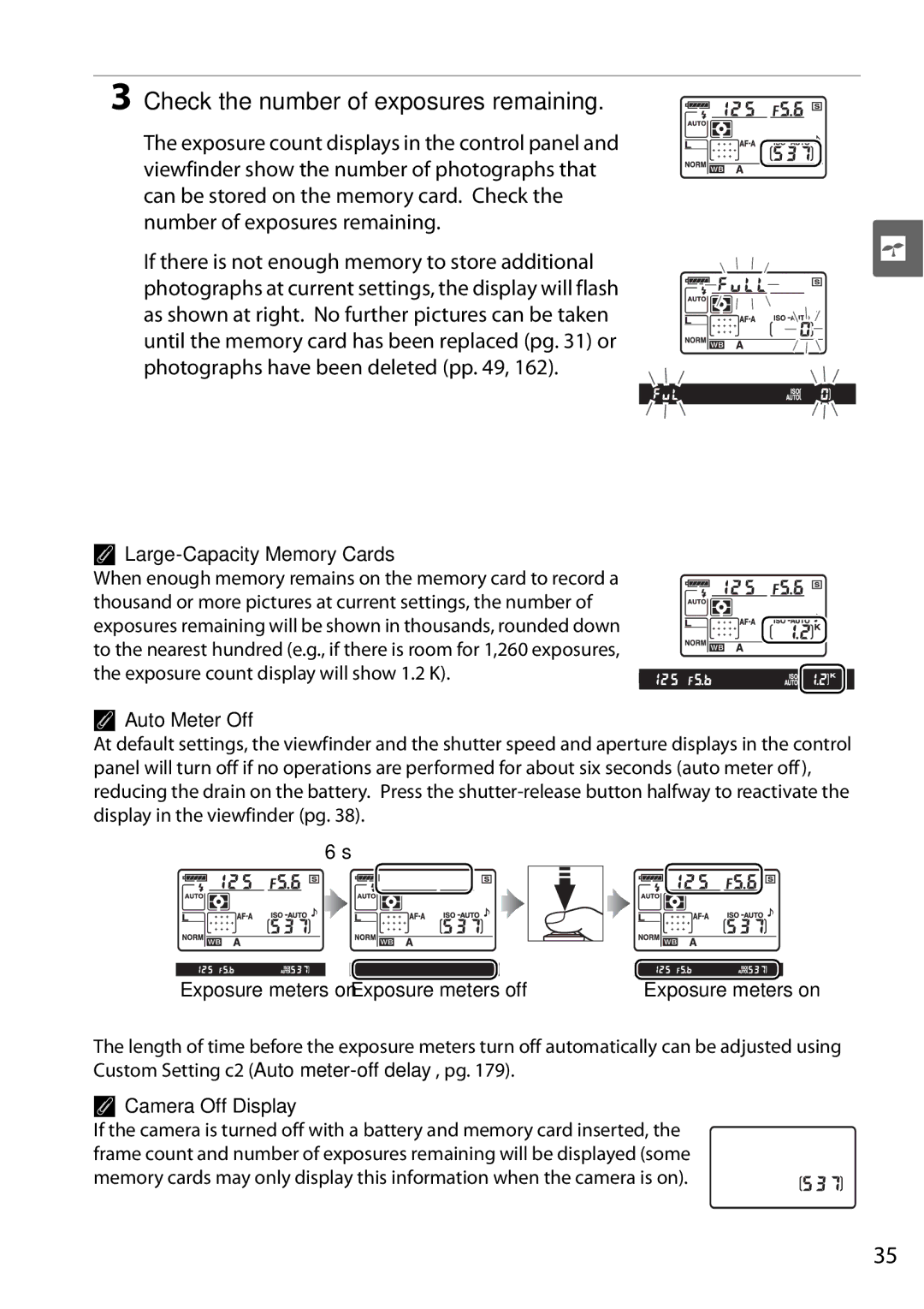 Nikon D90 user manual Check the number of exposures remaining, Auto Meter Off, Camera Off Display 