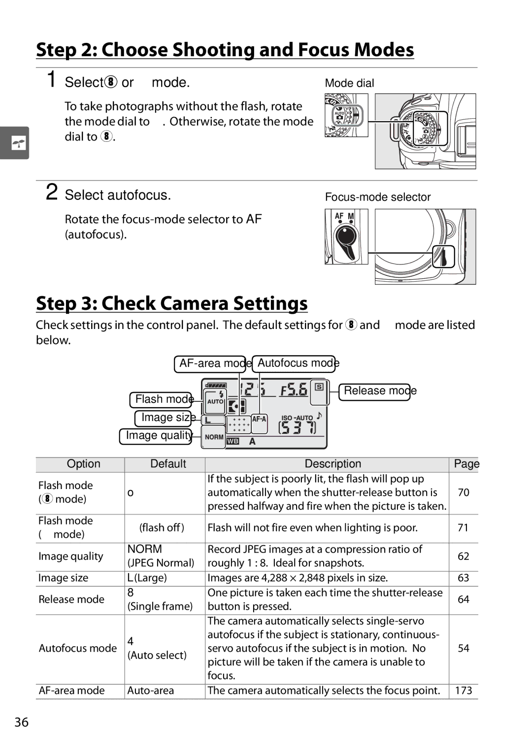 Nikon D90 user manual Choose Shooting and Focus Modes, Check Camera Settings, Select i or j mode, Select autofocus 