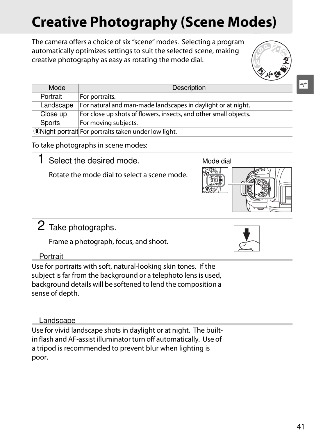 Nikon D90 user manual Creative Photography Scene Modes, Take photographs, To take photographs in scene modes 