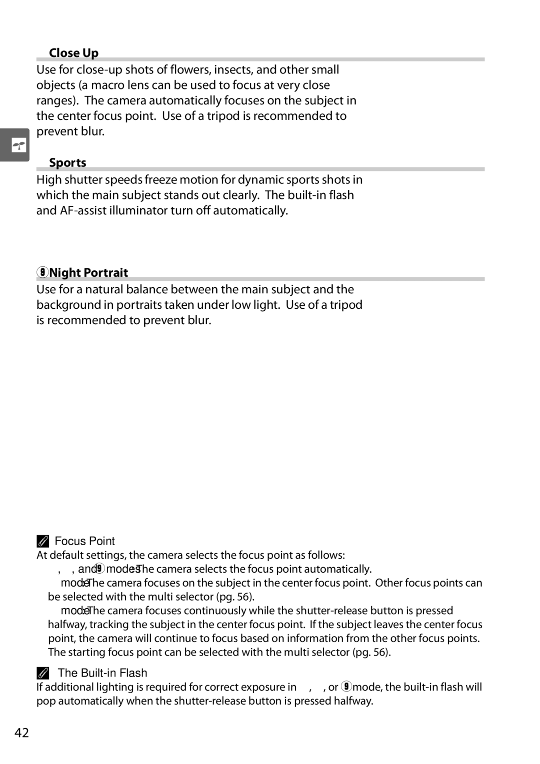 Nikon D90 user manual NClose Up, Focus Point 