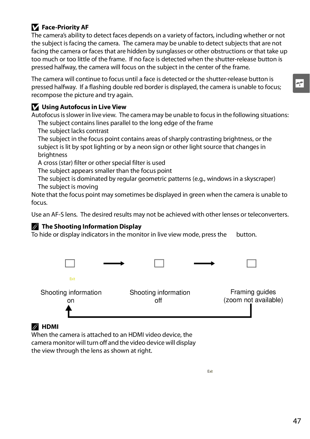 Nikon D90 user manual Face-Priority AF, Using Autofocus in Live View, Shooting Information Display 