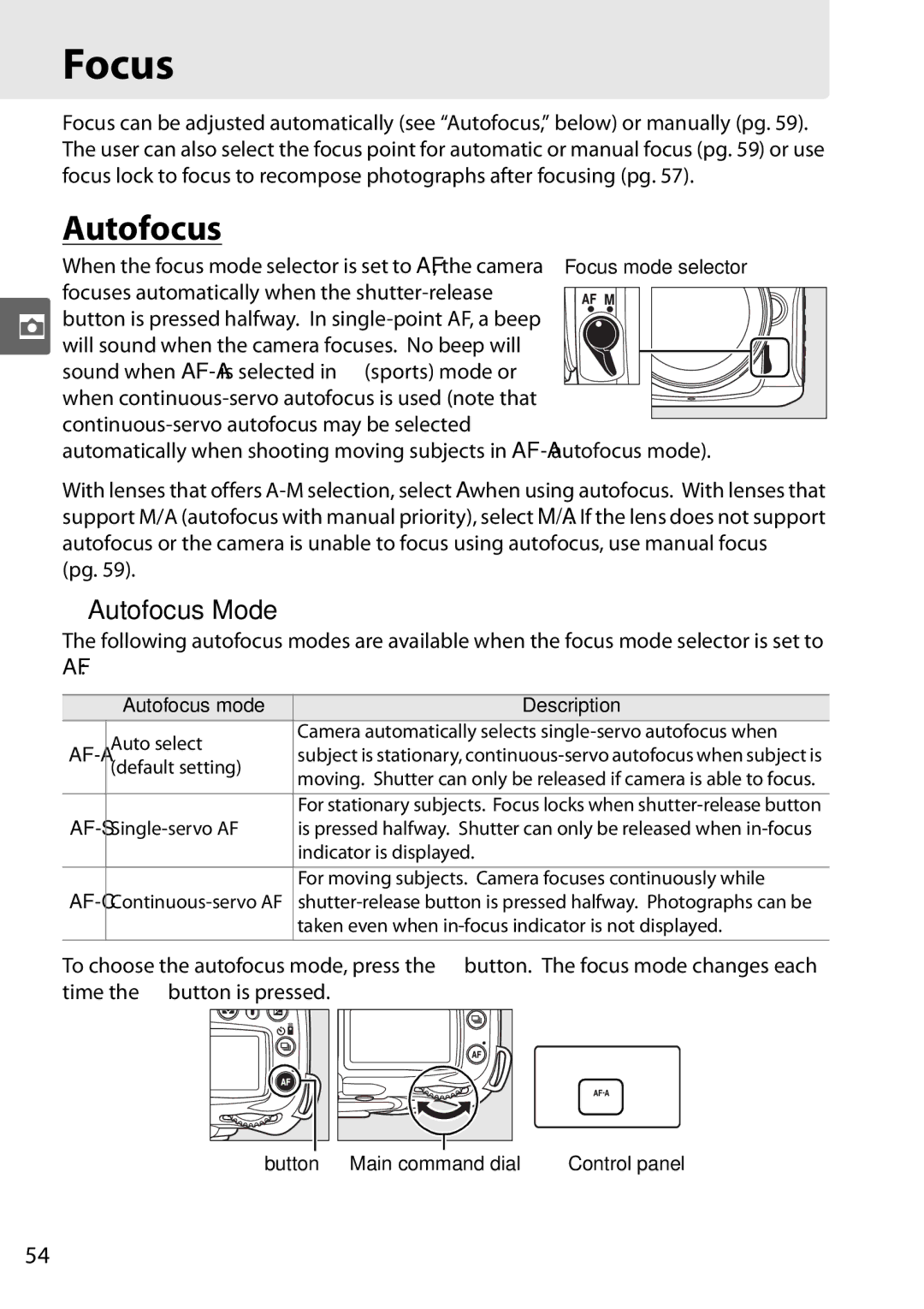 Nikon D90 user manual Focus, Autofocus mode Description 