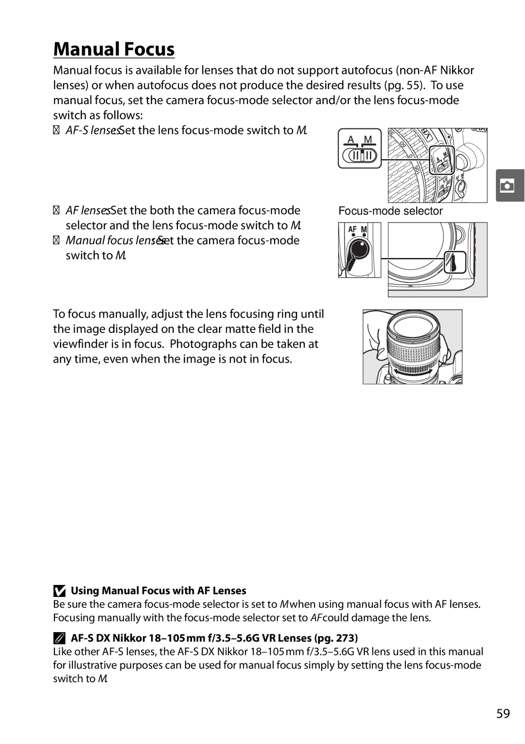 Nikon D90 user manual Selector and the lens focus-mode switch to M, Switch to M, Using Manual Focus with AF Lenses 