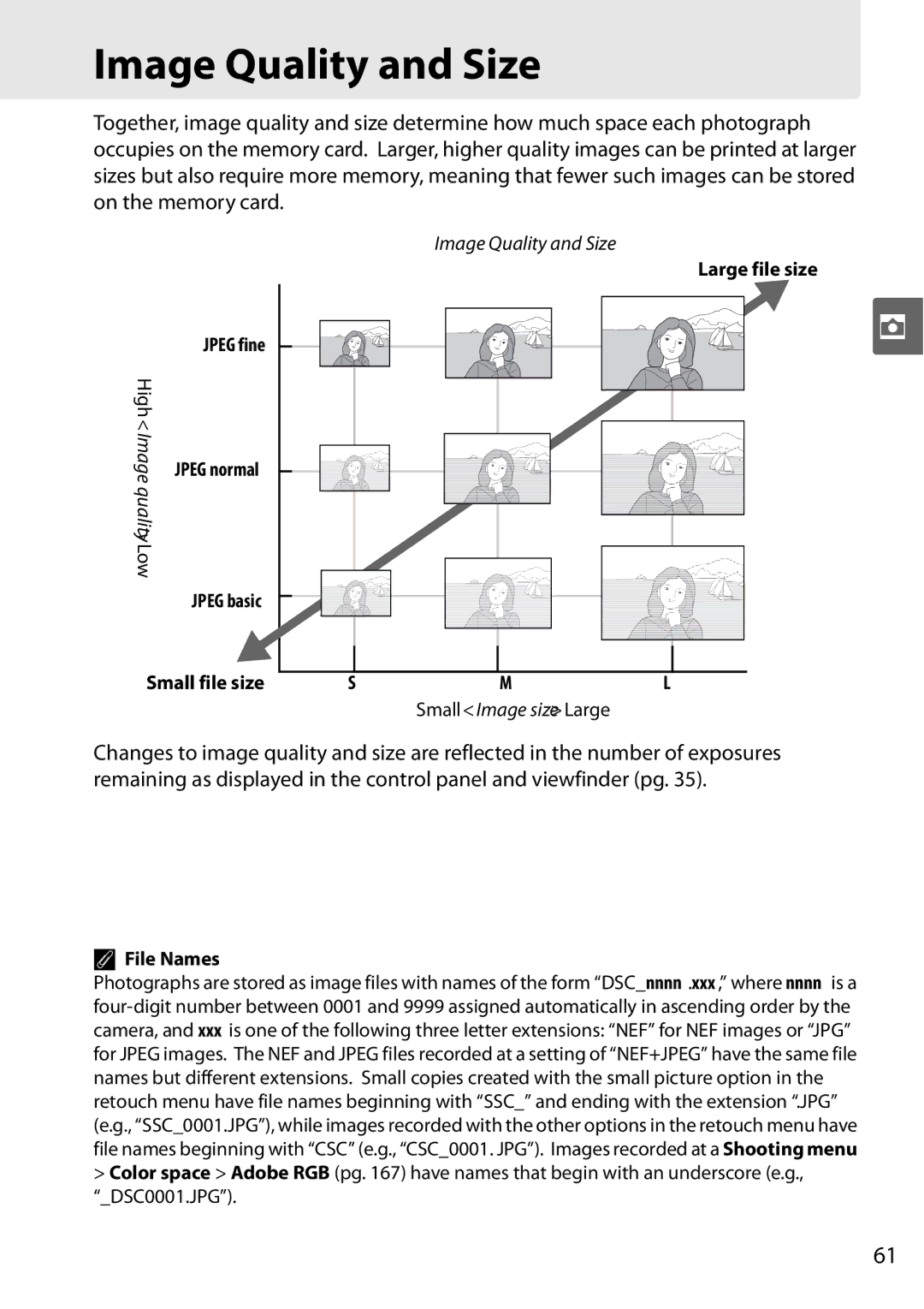 Nikon D90 user manual Image Quality and Size Large file size, File Names 