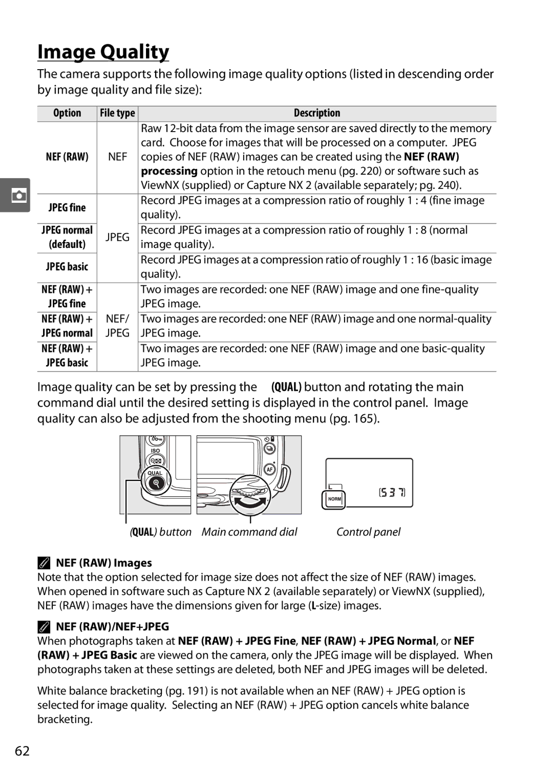 Nikon D90 user manual Image Quality, Option, Jpeg image, NEF RAW Images 