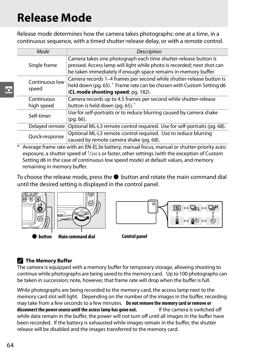 Nikon D90 user manual Release Mode, Mode Description, CL mode shooting speed pg, Memory Buffer 