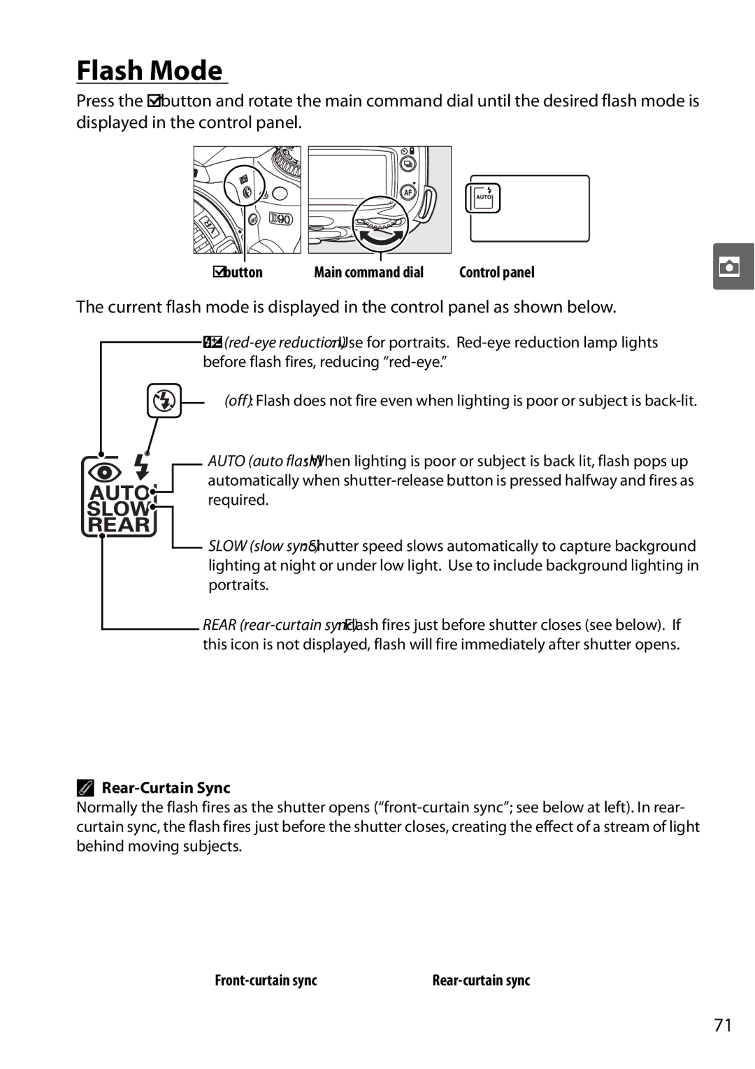 Nikon D90 user manual Flash Mode, Rear-Curtain Sync 