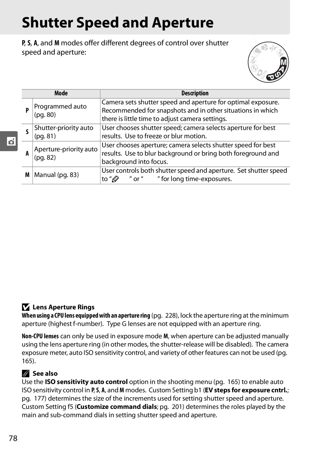 Nikon D90 user manual Shutter Speed and Aperture, Lens Aperture Rings 