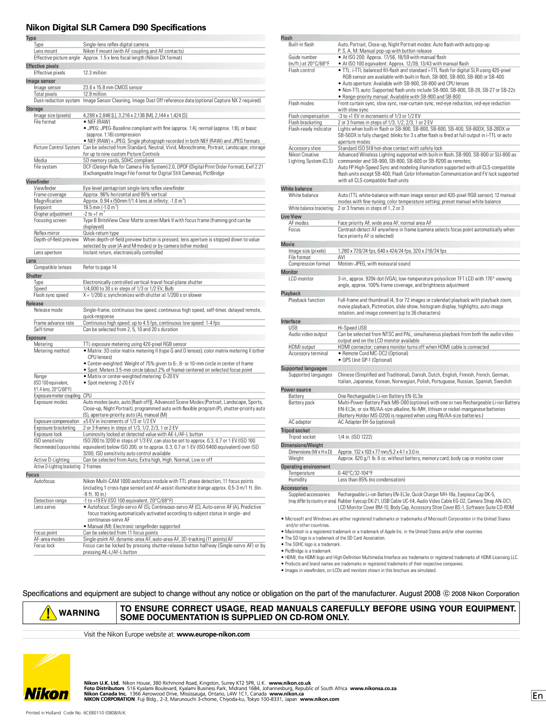 Nikon specifications Nikon Digital SLR Camera D90 Specifications, Nef Raw 