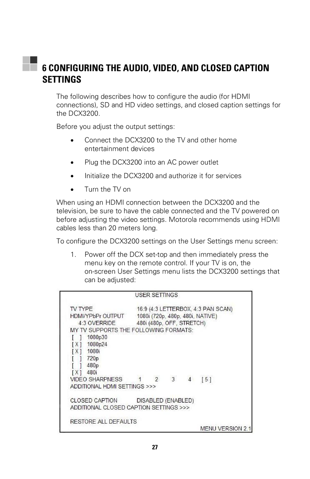 Nikon DCX3200 manual Configuring the AUDIO, VIDEO, and Closed Caption Settings 