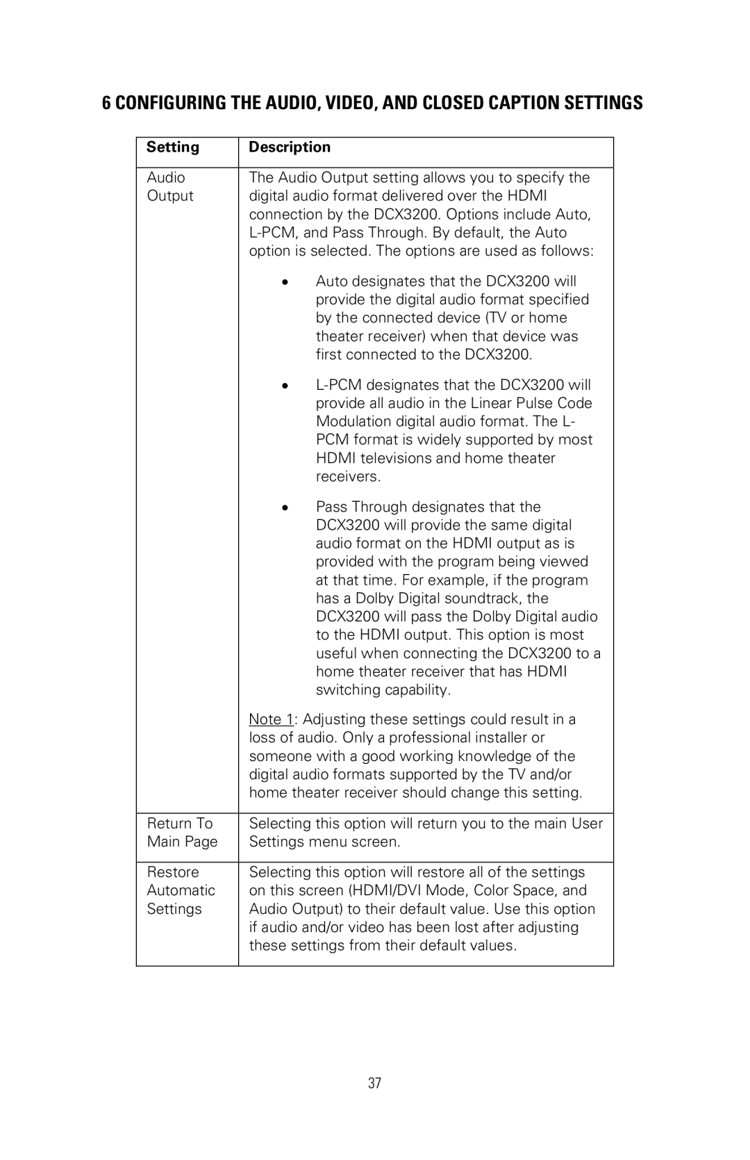 Nikon DCX3200 manual Configuring the AUDIO, VIDEO, and Closed Caption Settings 