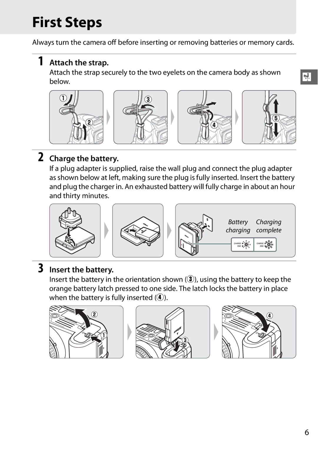 Nikon Digital Camera user manual First Steps, Attach the strap, Charge the battery, Insert the battery 