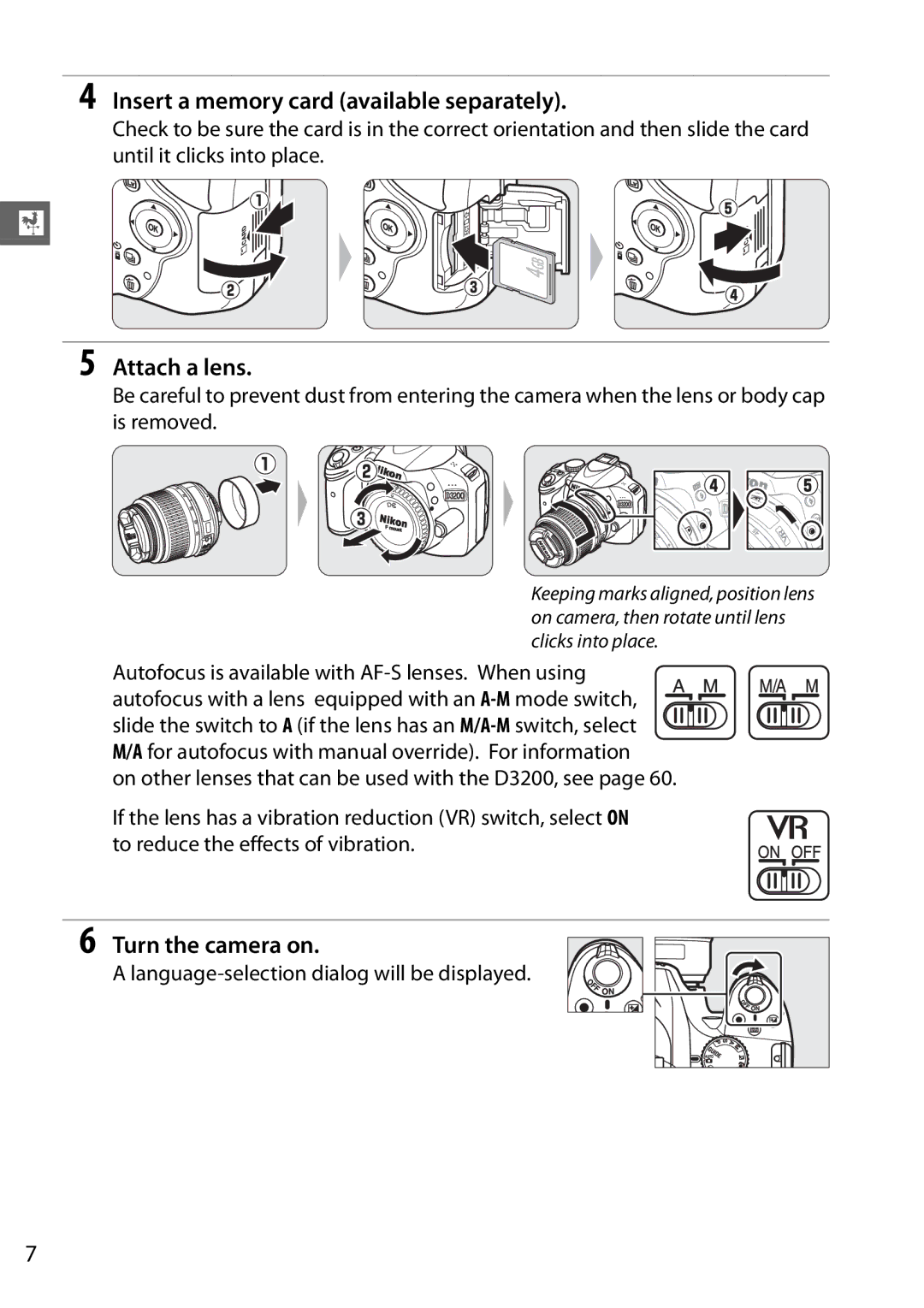 Nikon Digital Camera user manual Insert a memory card available separately, Attach a lens, Turn the camera on 