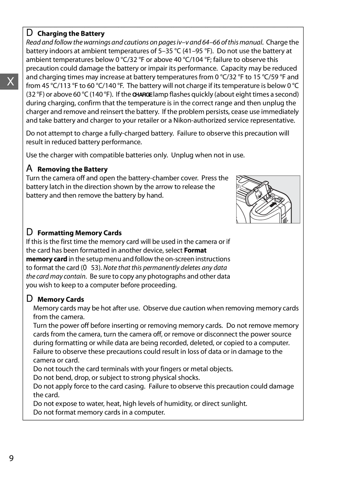 Nikon Digital Camera user manual Charging the Battery, Removing the Battery, Formatting Memory Cards 