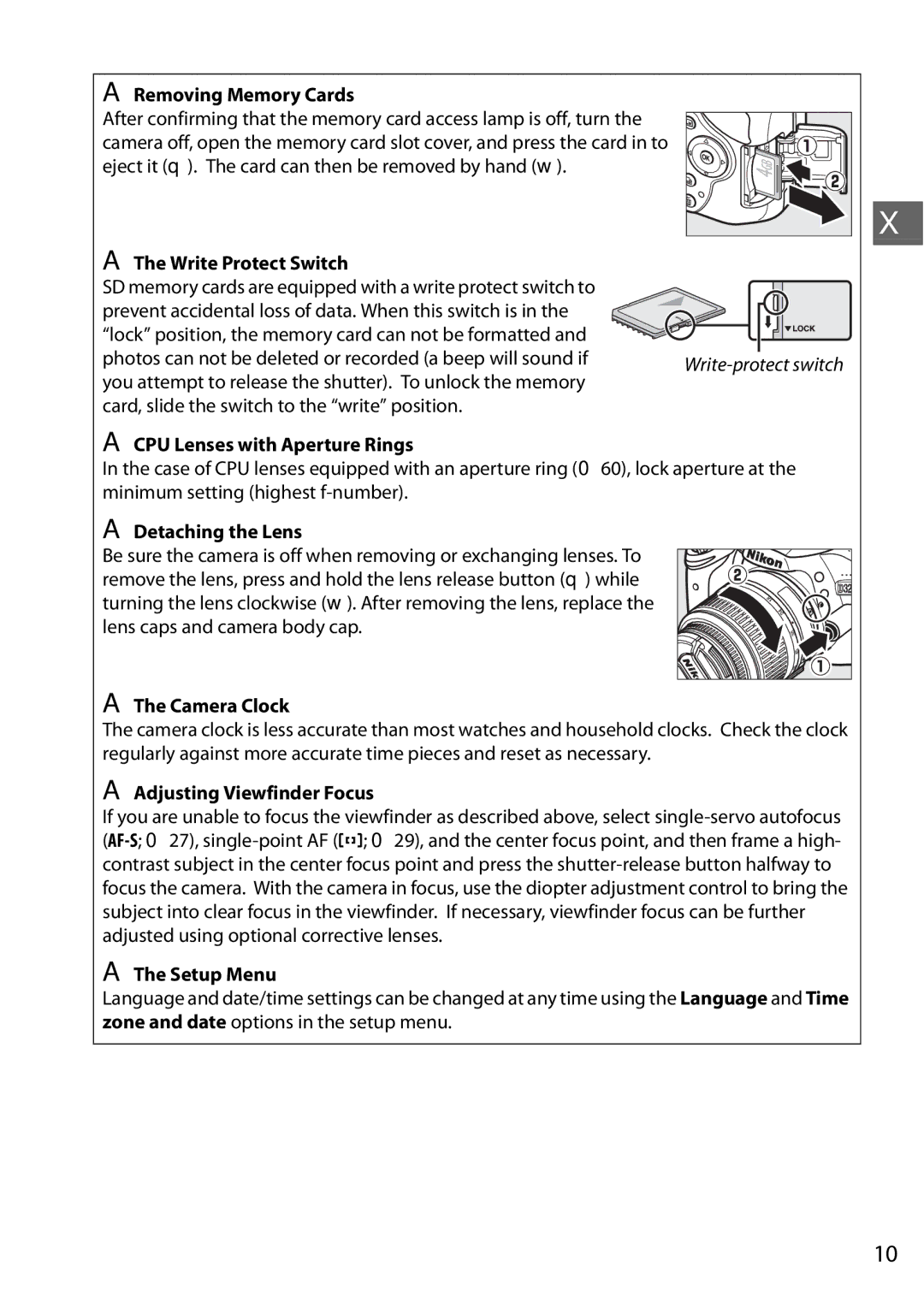 Nikon Digital Camera Removing Memory Cards, Write Protect Switch, CPU Lenses with Aperture Rings, Detaching the Lens 