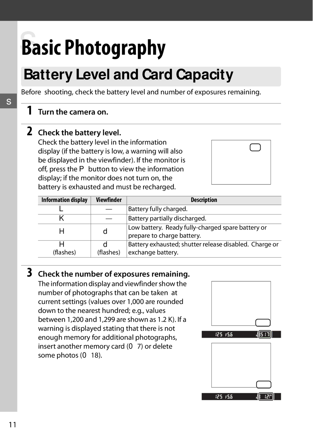 Nikon Digital Camera SBasic Photography, Battery Level and Card Capacity, Turn the camera on Check the battery level 