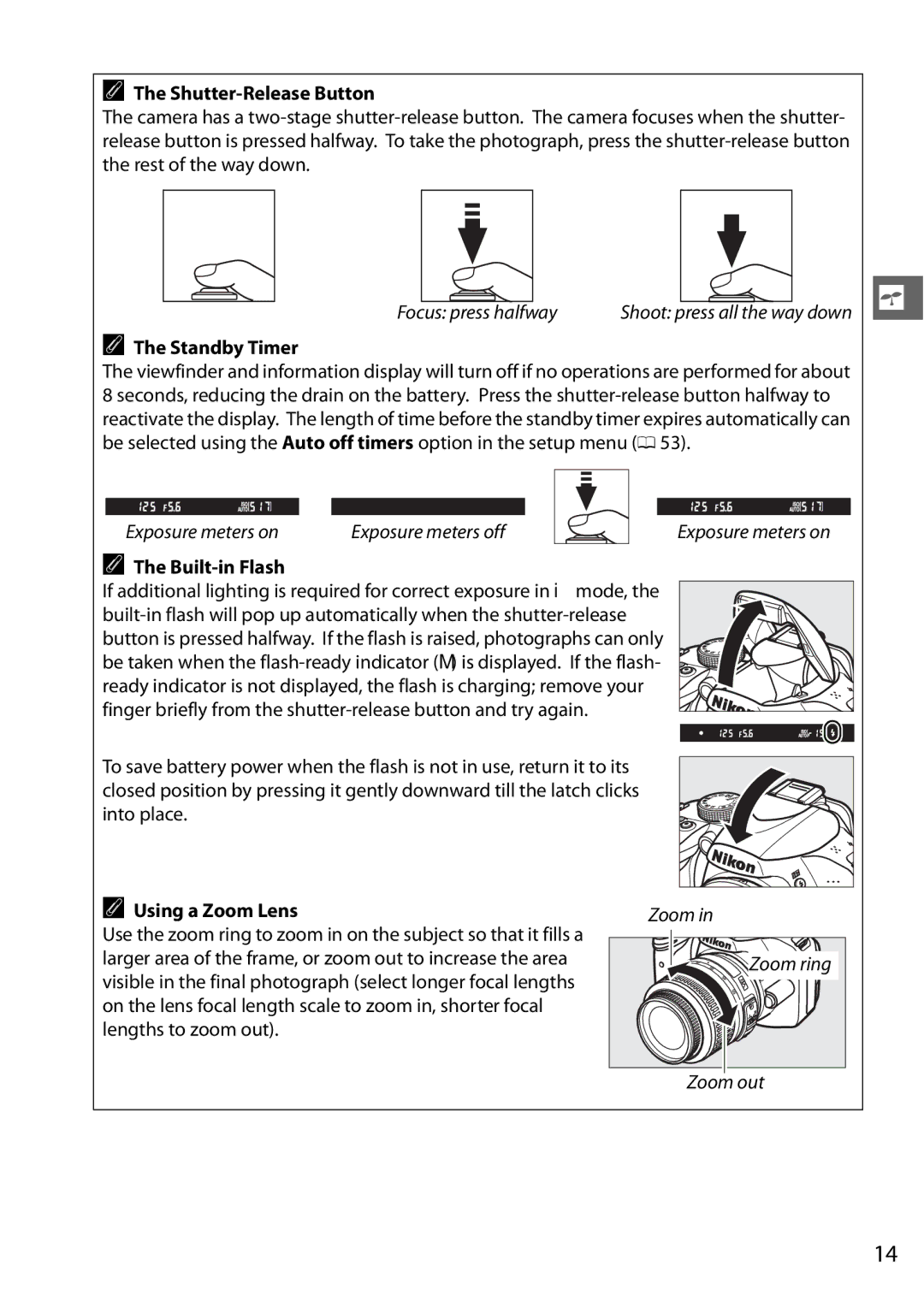 Nikon Digital Camera user manual Shutter-Release Button, Standby Timer, Built-in Flash 