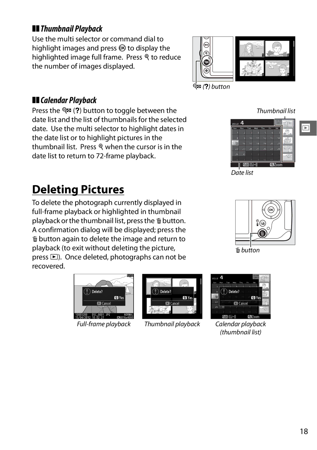 Nikon Digital Camera user manual Deleting Pictures, Thumbnail Playback, Calendar Playback 