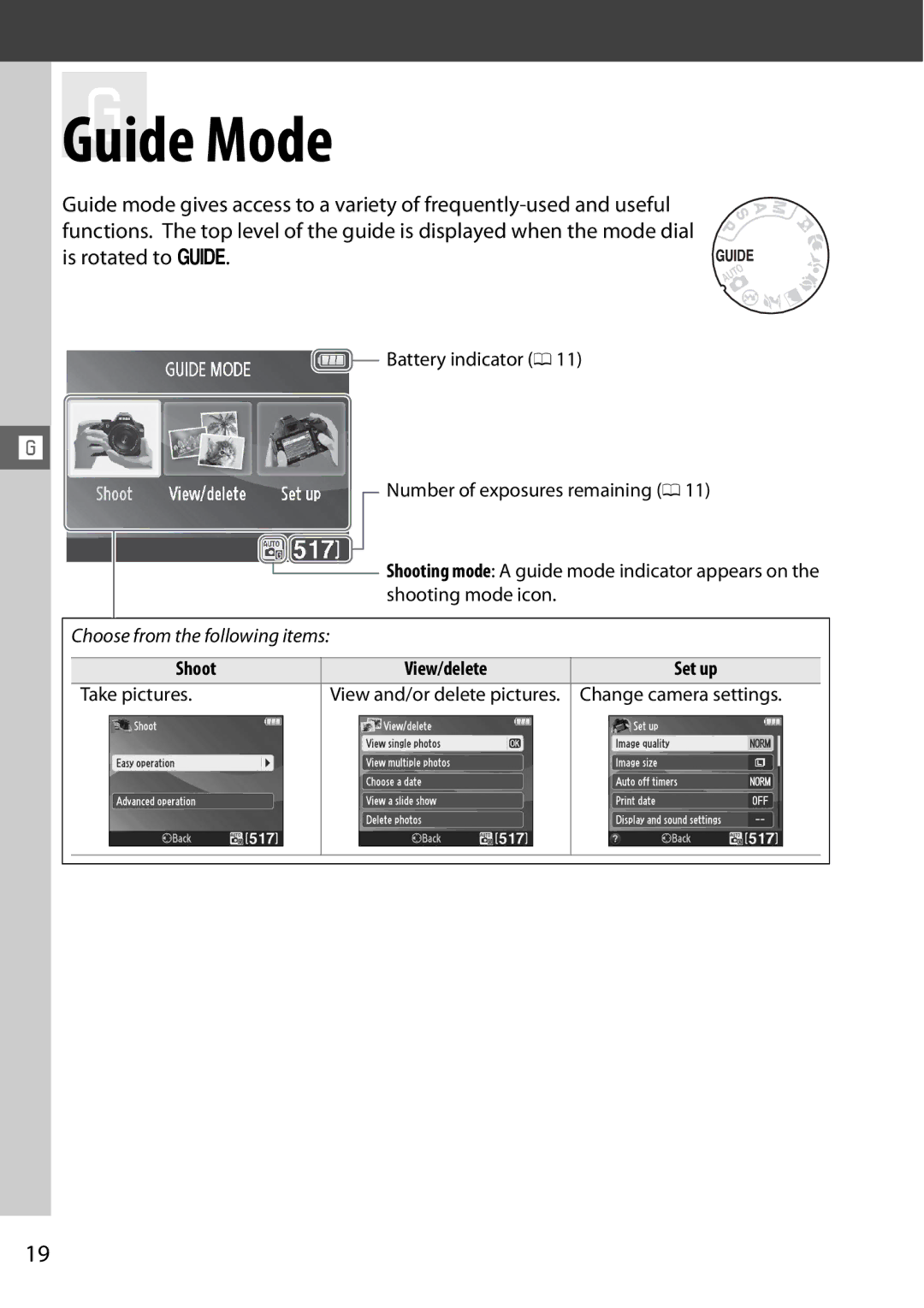 Nikon Digital Camera user manual Guide Mode, Shoot View/delete Set up Take pictures, Change camera settings 