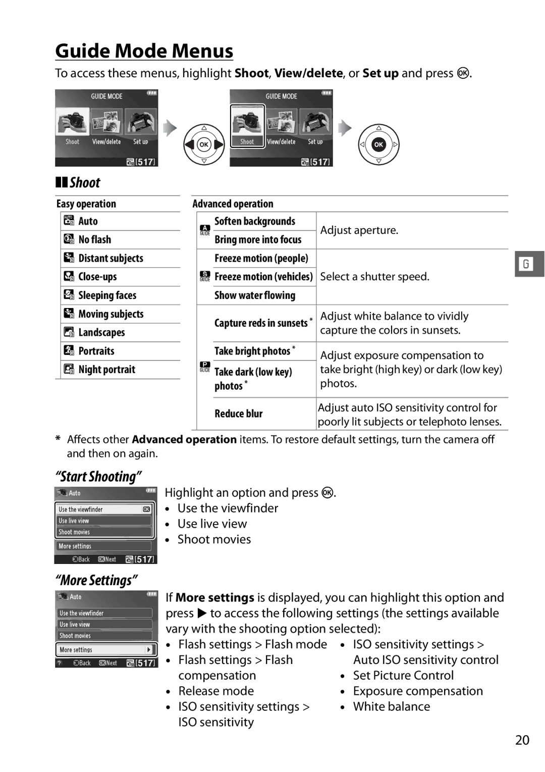 Nikon Digital Camera user manual Guide Mode Menus, Start Shooting, More Settings 