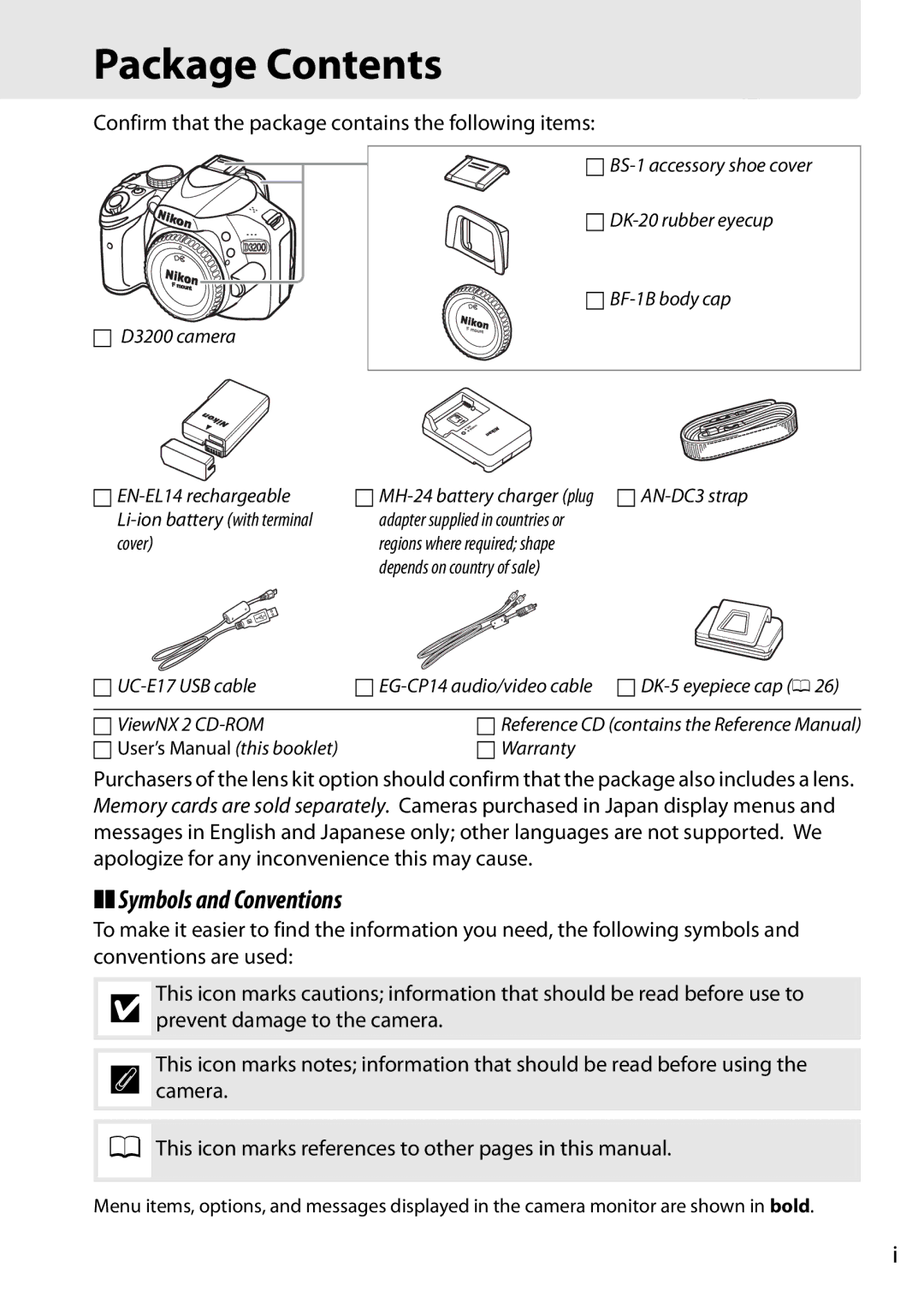 Nikon Digital Camera user manual Package Contents 