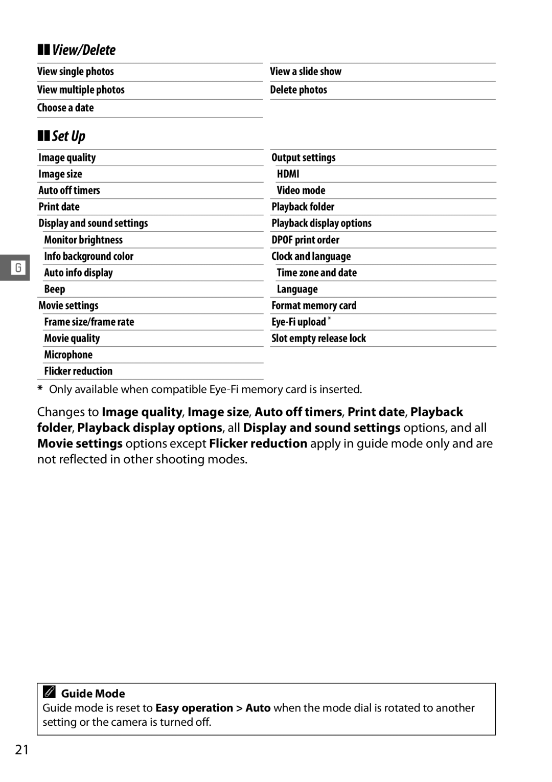 Nikon Digital Camera user manual View/Delete, Set Up, Image quality Output settings Image size, Guide Mode 