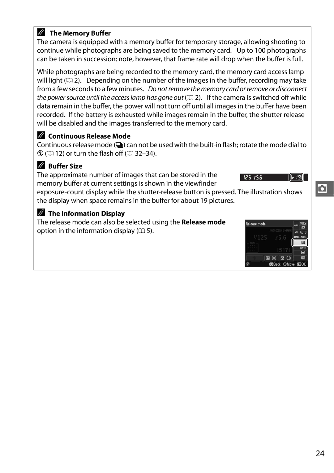 Nikon Digital Camera user manual Memory Buffer, Continuous Release Mode, Buffer Size, Information Display 