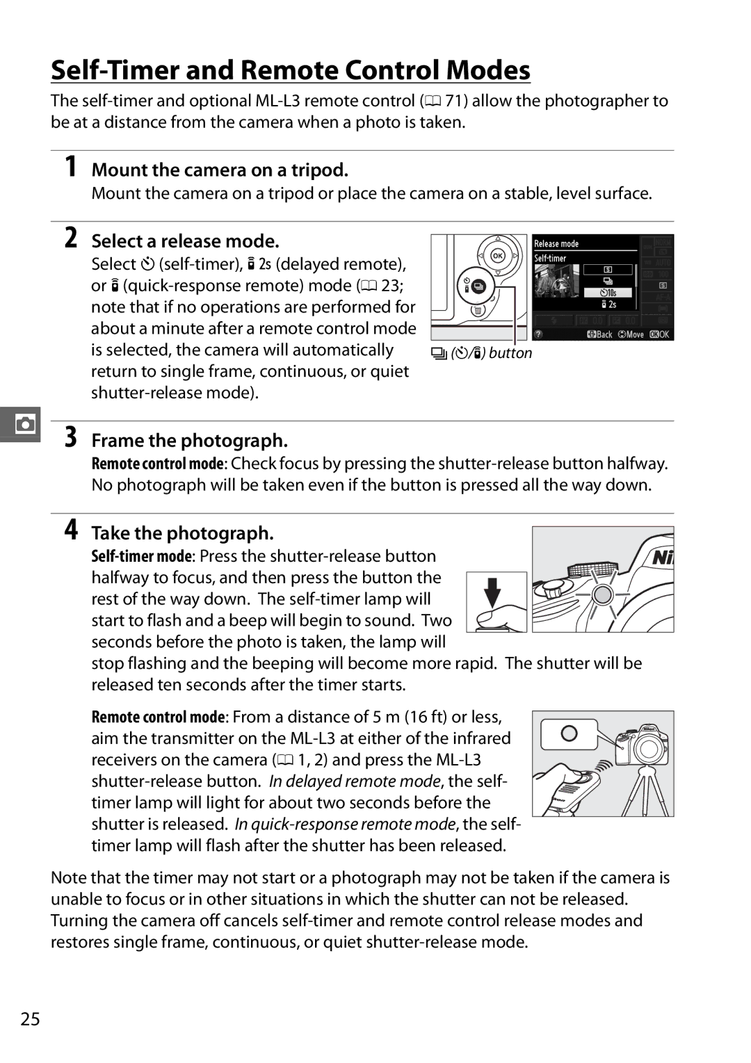 Nikon Digital Camera user manual Self-Timer and Remote Control Modes, Mount the camera on a tripod, Select a release mode 